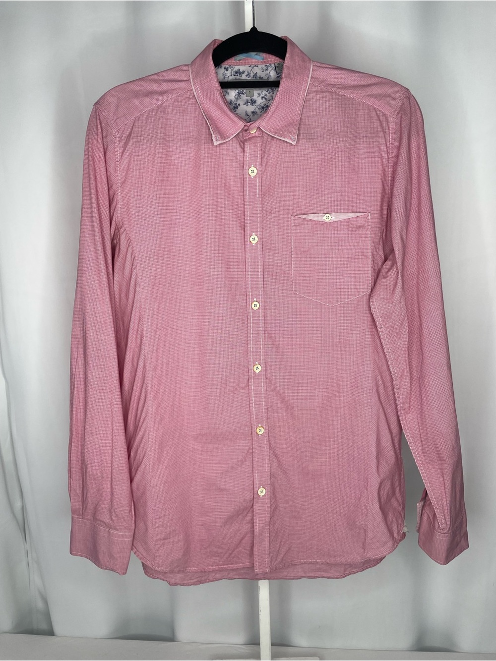 ed Baker London Pink Micro Gingham Button Down Shirt Floral Trim Size 3
